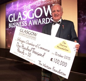 John presenting a cheque for £100,000 to be invested in helping businesses at The Glasgow Business Awards 2015 which are organised by Glasgow Chamber of Commerce Picture courtesy of Great Scot Photography.