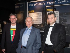 Professor Laurence Grove, (left) lead academic for the Comic Invention exhibition with John and Professor Anton Muscatelli, Principal of the University of Glasgow